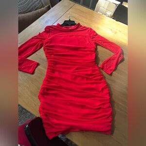 NWOT OQQ Mesh Red Ruched Bodycon Dress